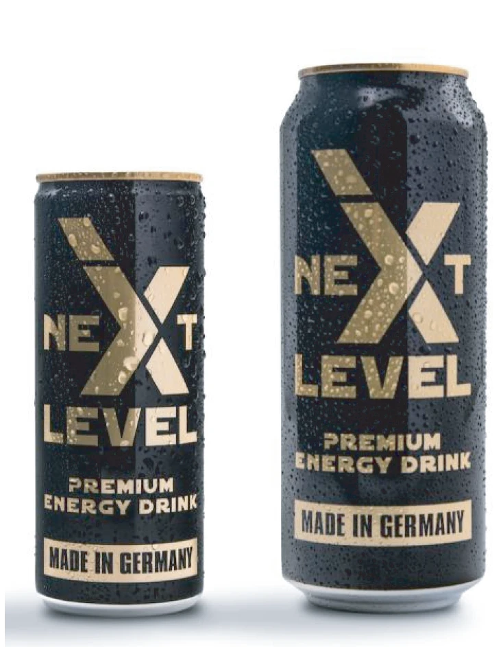 NextLevel premium energy drink cans — 250ml and 500ml side by side